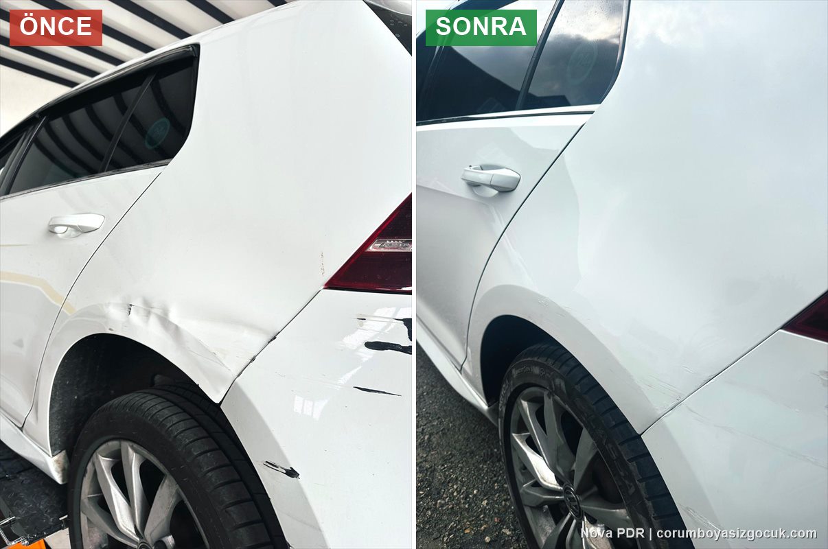 Volkswagen Golf sol arka çamurluk göçük düzeltme öncesi ve sonrası