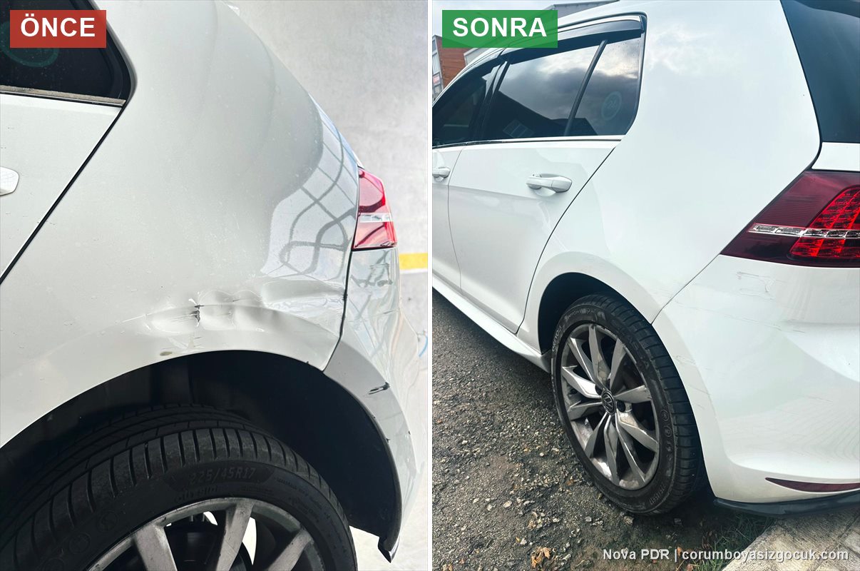 Volkswagen Golf arka çamurluktaki kırışık göçüğün yakın çekim öncesi ve sonrası